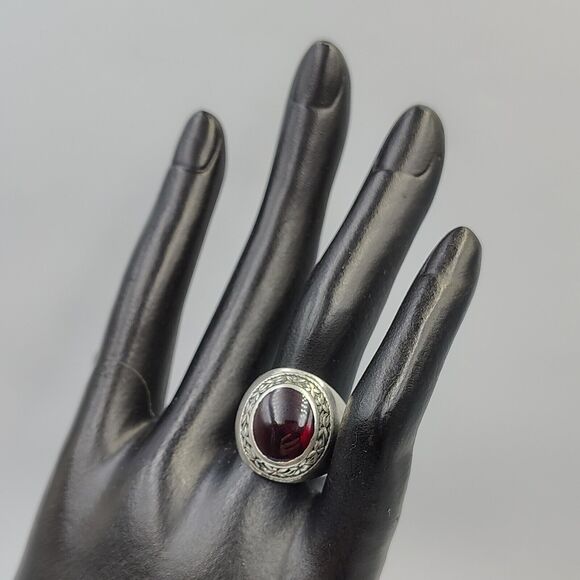 Vintage 1940s Sterling Silver 925 Lab Ruby Cabochon Signed Ring Sz 7 Unisex - Picture 7 of 16